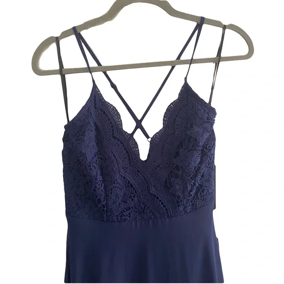 Lulu's Madalyn Navy Lace Bridesmaid Formal Black Tie Maxi Prom Dress Small  NEW